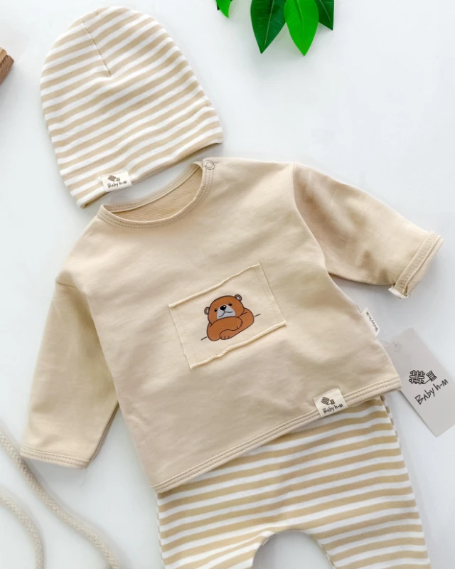 Ayıcık baskı detaylı çizgili tarz bereli mevsimlik 3 lü takım 