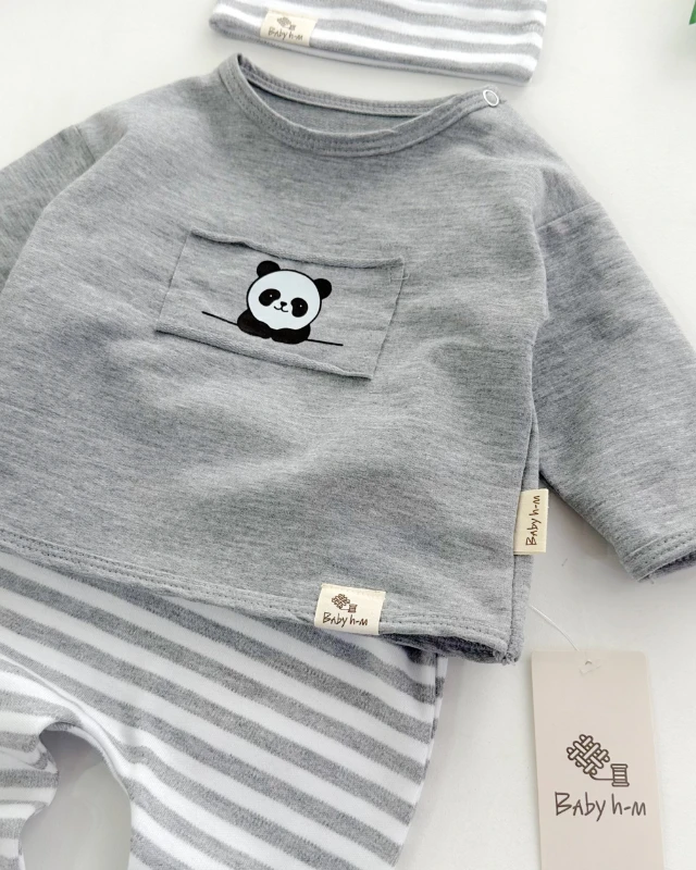 Panda baskı detaylı çizgili tarz bereli mevsimlik 3 lü takım 