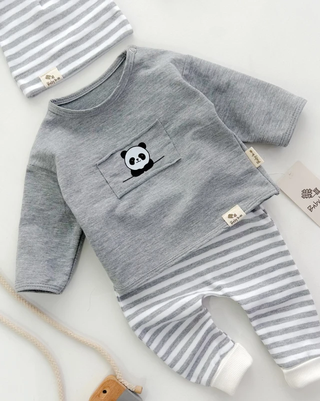 Panda baskı detaylı çizgili tarz bereli mevsimlik 3 lü takım 