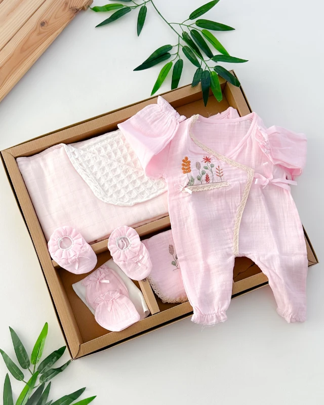 Çiçek nakış fisto detay yazlık muslin yenidoğan 10 lu set 