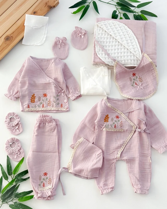 Çiçek nakış fisto detay yazlık muslin yenidoğan 10 lu set 