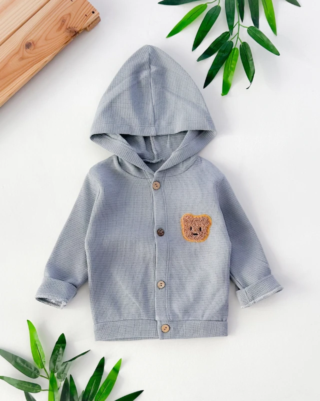 Ayıcık punch detay kapüşonlu waffle kumaş mevsimlik tek hırka 