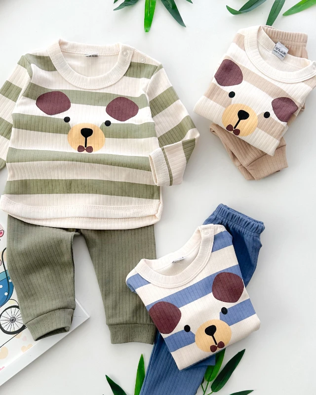 Bordo kulak köpekçik baskılı çizgi desen fitilli kumaş mevsimlik 2 parça set 