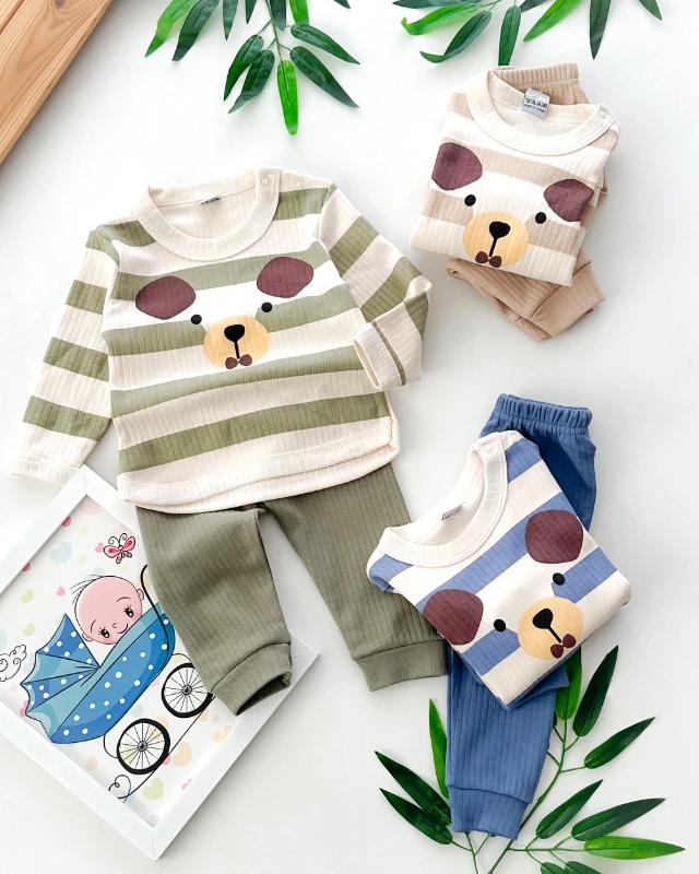 Bordo kulak köpekçik baskılı çizgi desen fitilli kumaş mevsimlik 2 parça set 