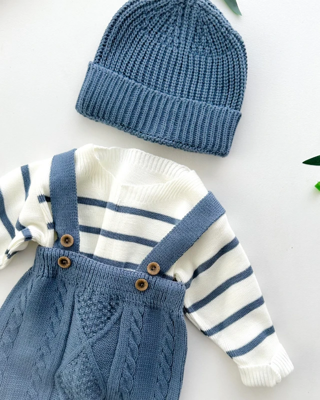 Burgu örgü salopet pantolonlu örme şapkalı triko kışlık 3 parça takım