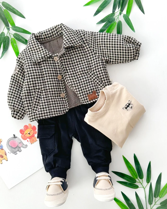 Pötikare desenli şirin ayı armalı ceketli kışlık 3 parça takım