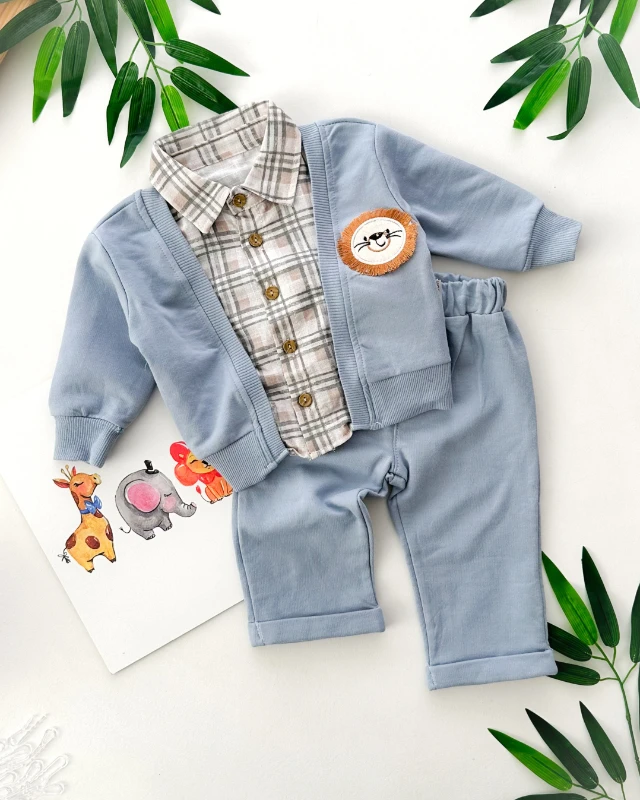 Sahte kareli gömlek görünümlü aslan armalı mevsimlik2 parça takım 