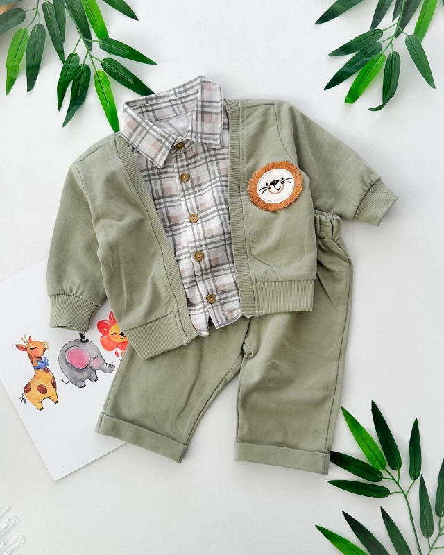 Sahte kareli gömlek görünümlü aslan armalı mevsimlik2 parça takım 