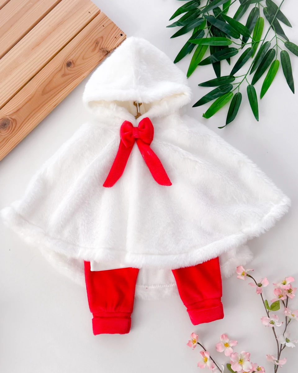 Fiyonk peluş pançolu kadife taytlı kışlık 3lü takım 