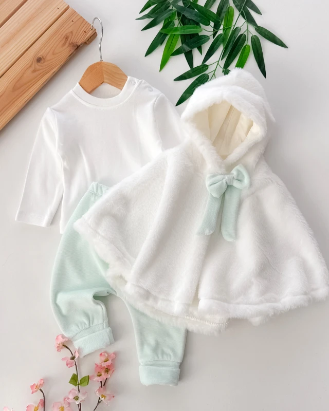 Fiyonk peluş pançolu kadife taytlı kışlık 3lü takım 