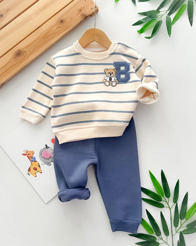 B harfli ayıcık baskılı çizgi desenli omuzdan çıtçıtlı şardonlu 2 parça takım