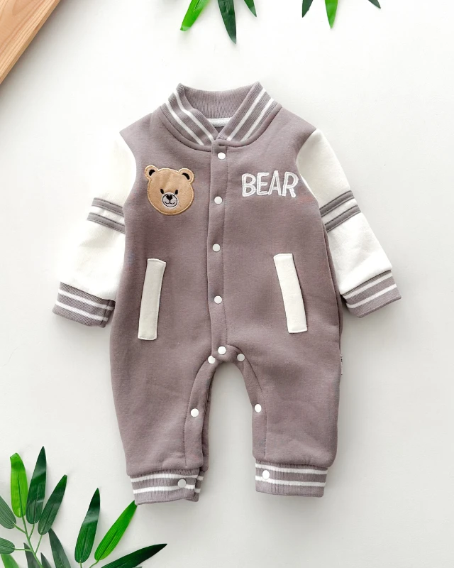 Bear yazılı sahte cep detaylı boydan çıtçıtlı şardonlu kışlık tulum