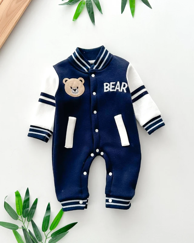 Bear yazılı sahte cep detaylı boydan çıtçıtlı şardonlu kışlık tulum