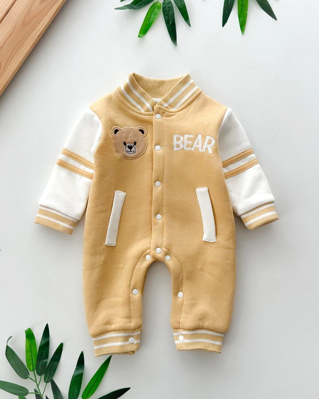 Bear yazılı sahte cep detaylı boydan çıtçıtlı şardonlu kışlık tulum