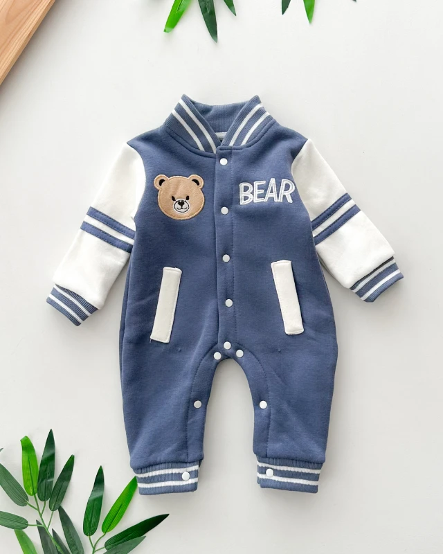 Bear yazılı sahte cep detaylı boydan çıtçıtlı şardonlu kışlık tulum