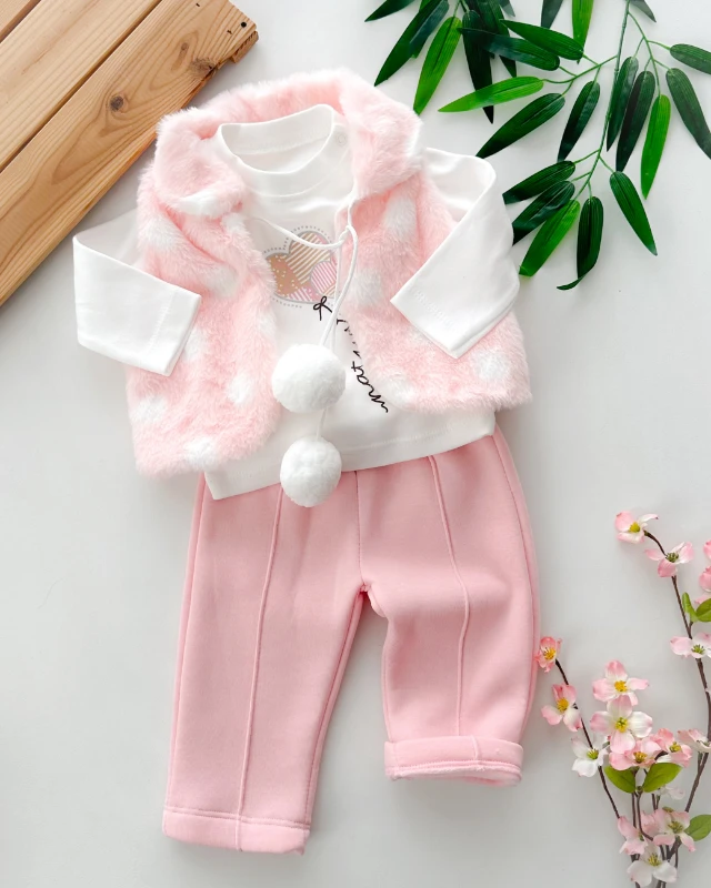 Büyük benekli tüylü yelekli ponpon ip baglamalı kışlık 3 parça takım