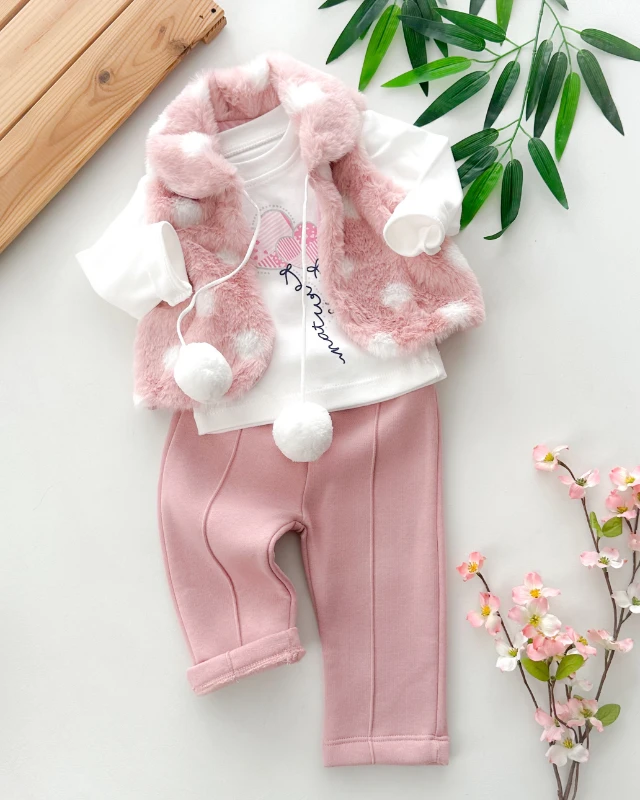 Büyük benekli tüylü yelekli ponpon ip baglamalı kışlık 3 parça takım