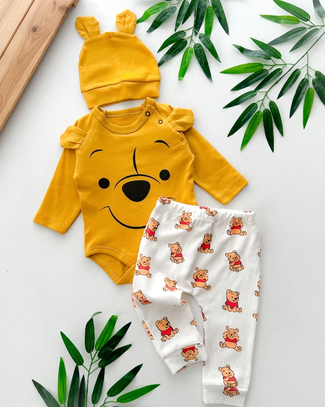 Büyük şirin ayı surat baskılı alttan ve omuzdan çıtçıt badili şapkalı 3 parça takım