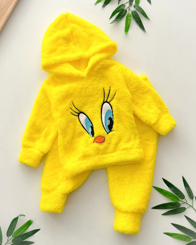Mavi göz tweety peluş kapüşonlu kışlık 2 parça takım