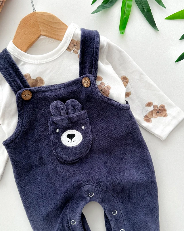 Ön cepte bear surat detaylı kadife kumaş kışlık 2 parça salopet set
