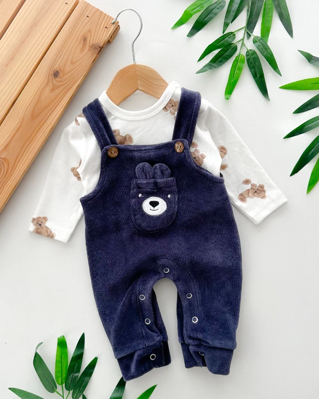 Ön cepte bear surat detaylı kadife kumaş kışlık 2 parça salopet set