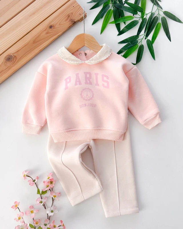 Paris bonjour baskılı yaka detaylı şardonlu kışlık 2 parça takım