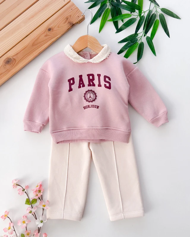 Paris bonjour baskılı yaka detaylı şardonlu kışlık 2 parça takım
