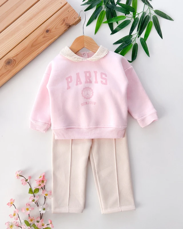 Paris bonjour baskılı yaka detaylı şardonlu kışlık 2 parça takım