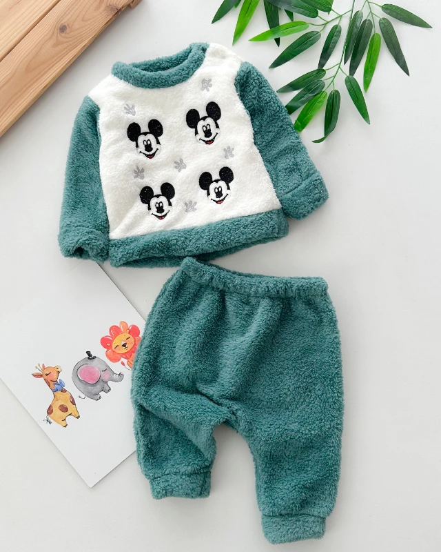 Şirin fare suratlar baskılı omuzdan çıtçıtlı welsoft kışlık 2 parça takım 