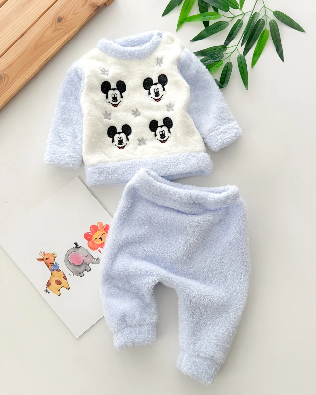 Şirin fare suratlar baskılı omuzdan çıtçıtlı welsoft kışlık 2 parça takım 