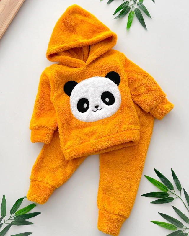 Şirin panda surat peluş kapüşonlu kışlık 2 parça takım 