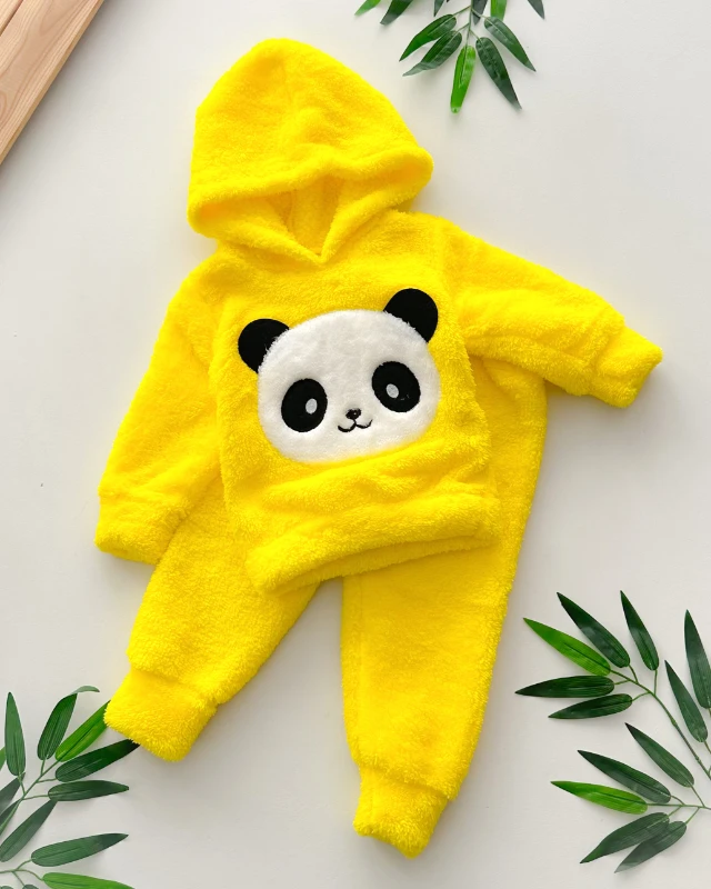 Şirin panda surat peluş kapüşonlu kışlık 2 parça takım 