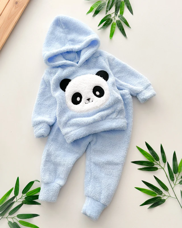 Şirin panda surat peluş kapüşonlu kışlık 2 parça takım 