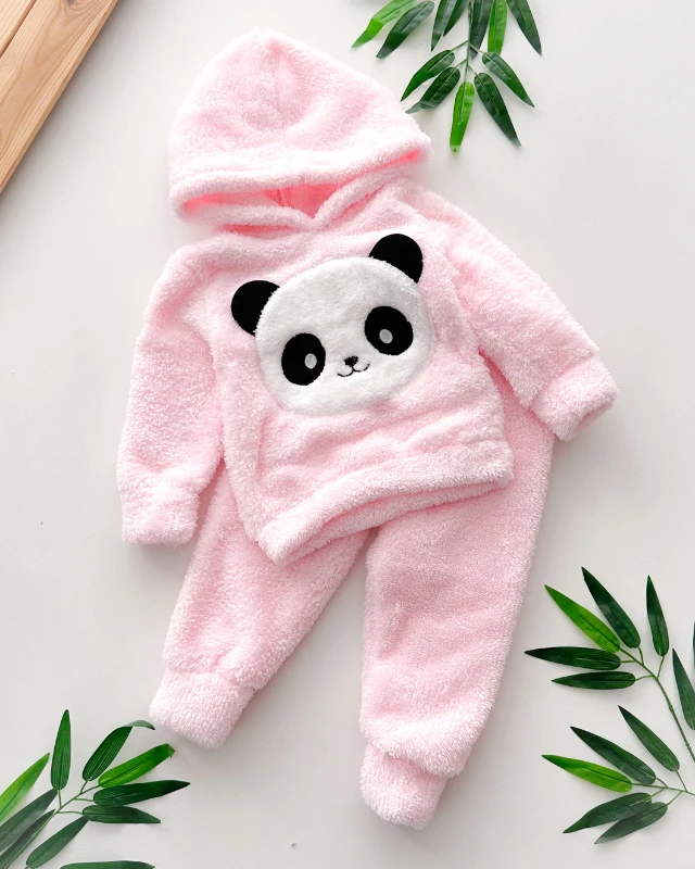Şirin panda surat peluş kapüşonlu kışlık 2 parça takım 