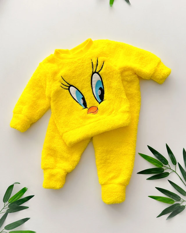 Tweety iri gözler nakışlı peluş kışlık 2 parça takım 