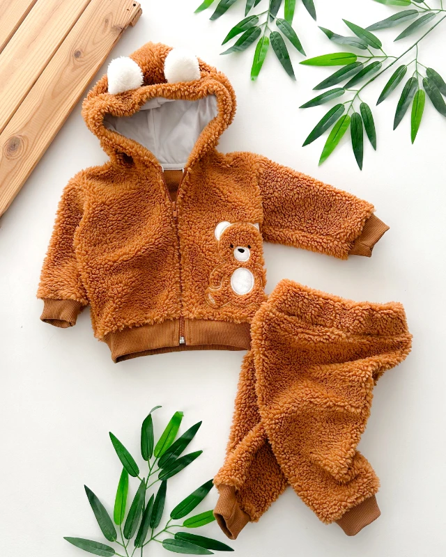 Yanda ayıcık nakışlık  kapüşonlu fermuarlı welsoft kışlık 2 parça takım