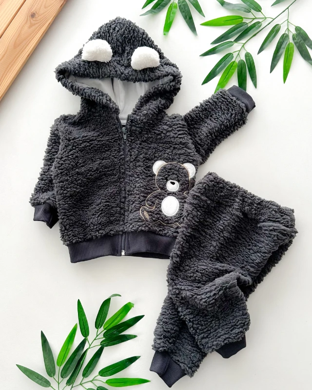 Yanda ayıcık nakışlık  kapüşonlu fermuarlı welsoft kışlık 2 parça takım