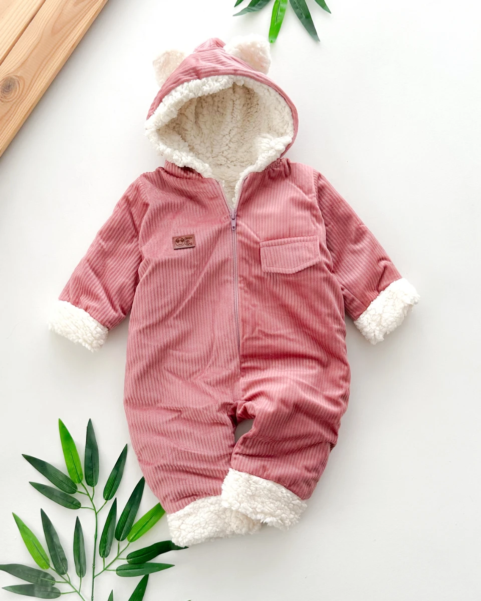 Sahte cep görünümlü dışı kadife içi kürklü kapüşonlu kışlık welsoft tulum