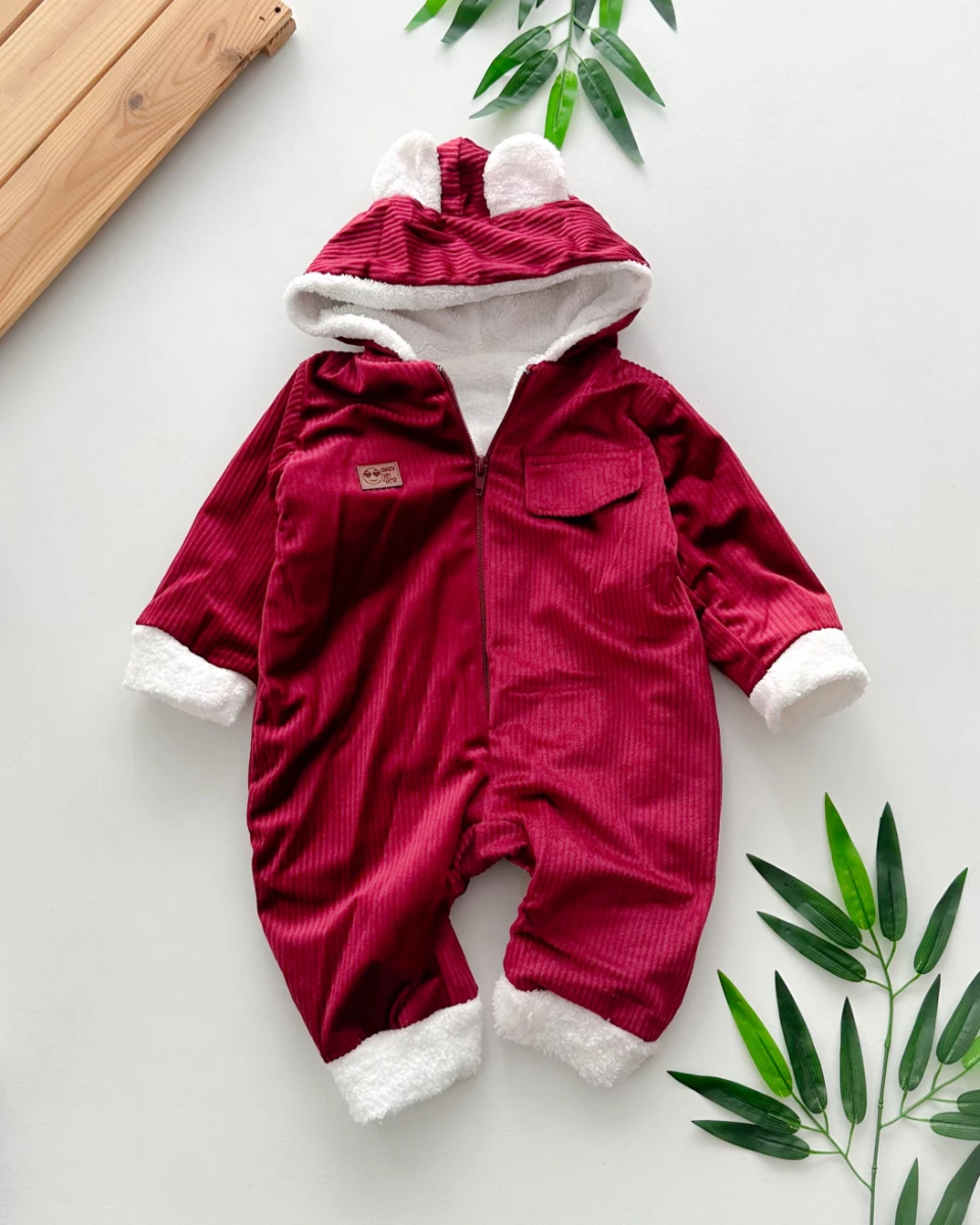 Sahte cep görünümlü dışı kadife içi kürklü kapüşonlu kışlık welsoft tulum