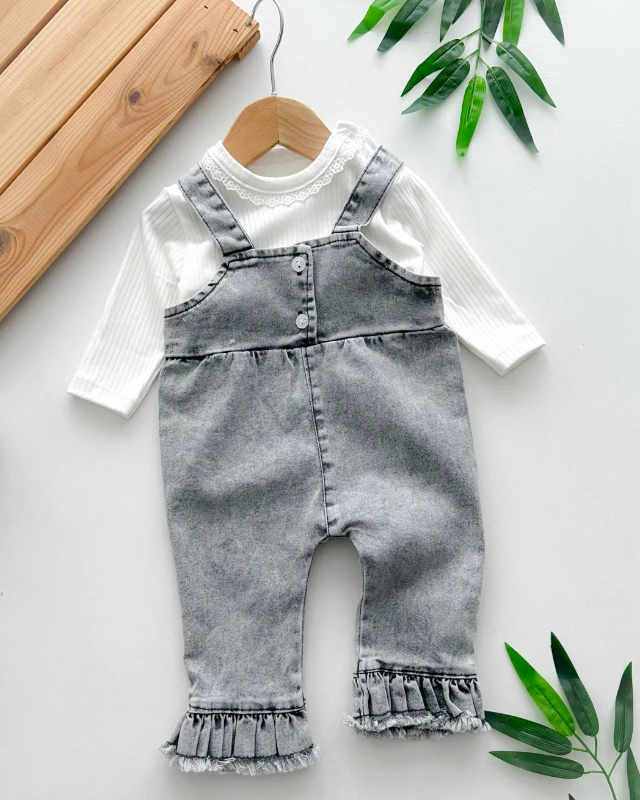 Püskül paça detaylı raporlu sweat 2li kız salopet takım