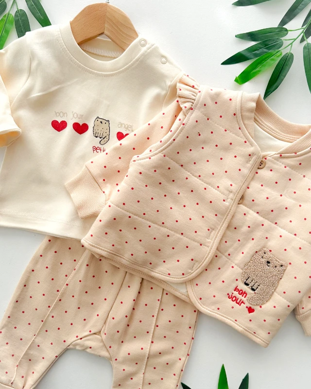 Bonjour kedicik nakışlı puantiyeli ceketli 3 parça takım