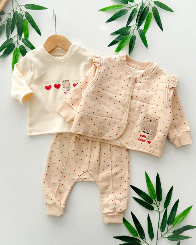 Bonjour kedicik nakışlı puantiyeli ceketli 3 parça takım