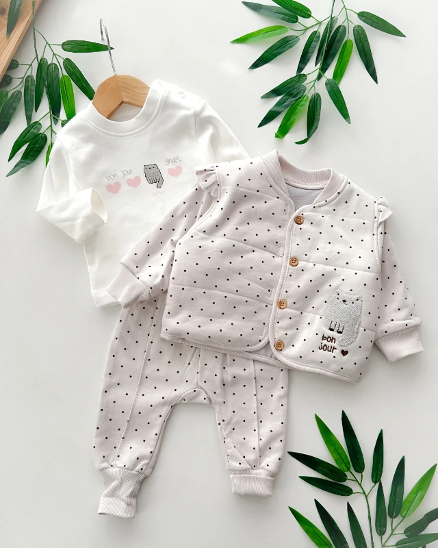 Bonjour kedicik nakışlı puantiyeli ceketli 3 parça takım