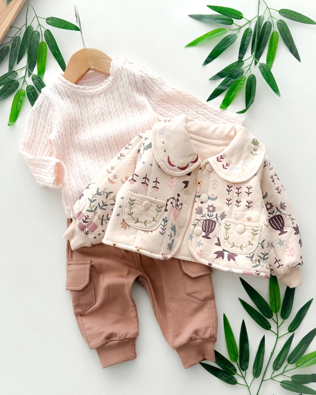 Dal ve zarif çiçek işleme ceketli kışlık 3 parça takım