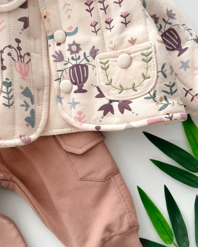 Dal ve zarif çiçek işleme ceketli kışlık 3 parça takım