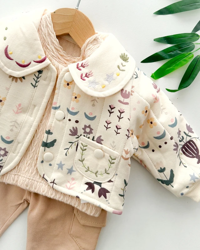 Dal ve zarif çiçek işleme ceketli kışlık 3 parça takım