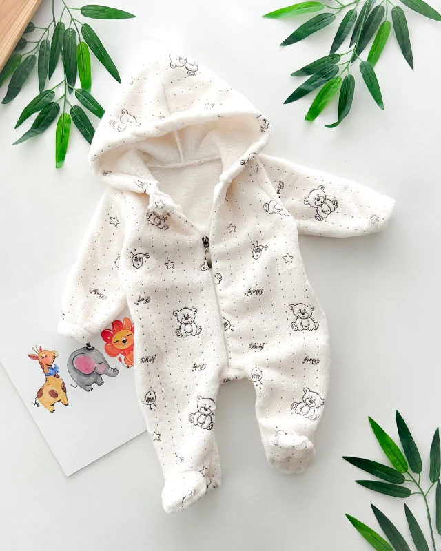 Minik kuş ve ayıcık baskı boydan fermuar kendinden ayaklı kapüşonlu kışlık tulum