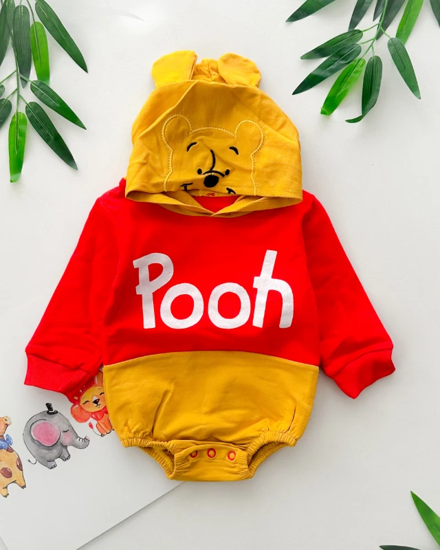 Pooh yazı baskılı kapüşonlu mevsimlik romper