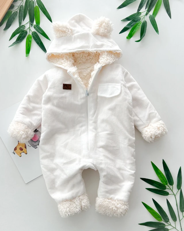 Sahte cep görünümlü dışı kadife içi kürklü kapüşonlu kışlık welsoft tulum