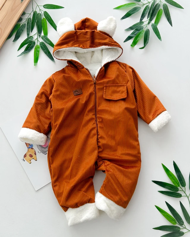 Sahte cep görünümlü dışı kadife içi kürklü kapüşonlu kışlık welsoft tulum